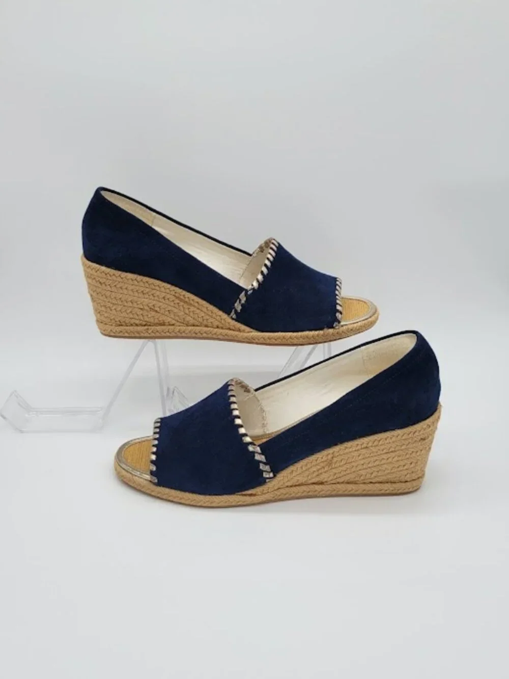 JACK ROGERS Palmer Wedge Espadrille Women’s Size 9.5 Navy Blue Suede Peep Toe